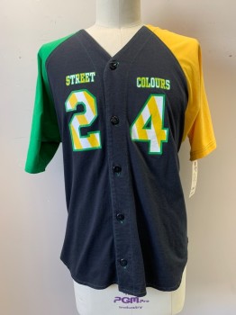 NATIONAL HARMONY, Black, Yellow, Green, Poly/Cotton, Graphic, Color Blocking, Button Front, One Yellow Short Raglan Sleeve, One Green Short Raglan Sleeve, Graphic "24 Street Colours"