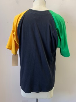 NATIONAL HARMONY, Black, Yellow, Green, Poly/Cotton, Graphic, Color Blocking, Button Front, One Yellow Short Raglan Sleeve, One Green Short Raglan Sleeve, Graphic "24 Street Colours"