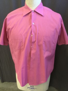 PERMA PRESS, Pink, Polyester, Cotton, Solid, Dark Pink, Collar Attached, Button Front, 2 Pockets, Short Sleeves, Curved Hem