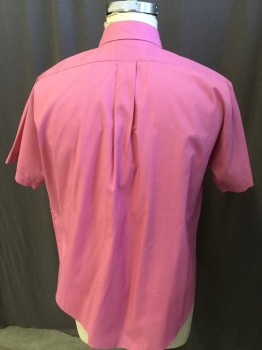 PERMA PRESS, Pink, Polyester, Cotton, Solid, Dark Pink, Collar Attached, Button Front, 2 Pockets, Short Sleeves, Curved Hem