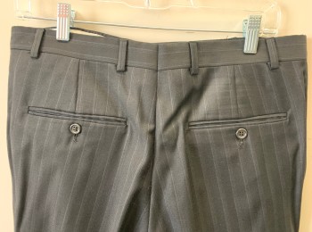 GILBERT & LODGE, Black, Gray, Wool, Stripes - Pin, Double Pleated, Button Tab Waist, Cuffed Hems, Relaxed Tapered Leg, Zip Fly, 4 Pockets