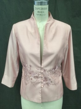 Womens, 1990s Vintage, Piece 2, JESSICA HOWARD, Lt Pink, Polyester, Solid, 8, Single Breasted Jacket, Fabric Covered Buttons with Loops Front, Self Floral Embroidery Waist Front with Lt Pink Pearl Beading, High Neck, 3/4 Sleeve with Slit **small Brown Dot on Back**