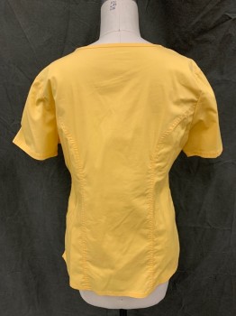 CHEROKEE, Yellow, Poly/Cotton, Spandex, Solid, Cross Over V-neck, Short Sleeves, 3 Pockets, Princess Seams