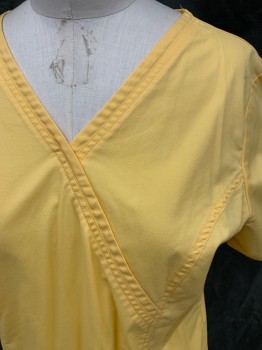 CHEROKEE, Yellow, Poly/Cotton, Spandex, Solid, Cross Over V-neck, Short Sleeves, 3 Pockets, Princess Seams