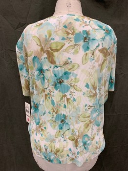 Womens, Top, ALFRED DUNNER, Lt Green, Teal Green, Brown, White, Polyester, Floral, Abstract , XL, Horizontal Ridged Texture, Tiered Ruffle Shirt, Scoop Neck, Short Sleeves