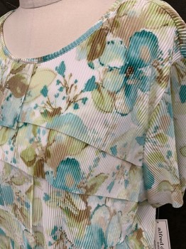 Womens, Top, ALFRED DUNNER, Lt Green, Teal Green, Brown, White, Polyester, Floral, Abstract , XL, Horizontal Ridged Texture, Tiered Ruffle Shirt, Scoop Neck, Short Sleeves