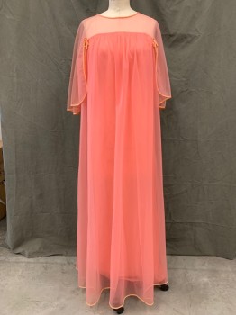 Womens, Sleepwear, N/L, Coral Pink, Polyester, Solid, B: 34, Sheer Top, Sheer Flutter Sleeve, Silk Piping, Sheer Overlay Gathered at Yoke, Two Ties at Yoke, Zip Back with Faux Tie Keyhole, Floor Length Hem,  *Hole Near Hem, Hole at Neck*