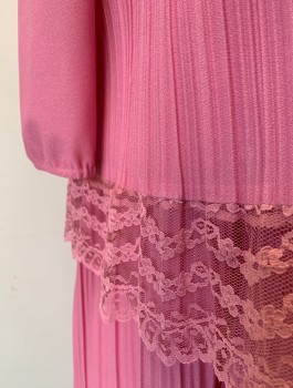 CASE FASHIONS, Mauve Pink, Polyester, Solid, Crepe, 3/4 Sleeves, Scoop Neck, Vertically Pleated Texture (Except for Sleeves), Self Bow at Neck, Boxy Shape with Top Overlayer with Lace Hem, Knee Length, Plus Size