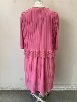 CASE FASHIONS, Mauve Pink, Polyester, Solid, Crepe, 3/4 Sleeves, Scoop Neck, Vertically Pleated Texture (Except for Sleeves), Self Bow at Neck, Boxy Shape with Top Overlayer with Lace Hem, Knee Length, Plus Size