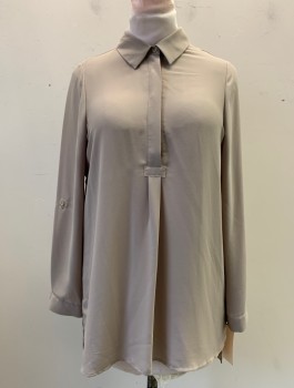 Womens, Top, PLEIONE, Khaki Brown, Polyester, Solid, M, Button Placket, Collar Attached, Long Sleeves, Pleated Center Front,