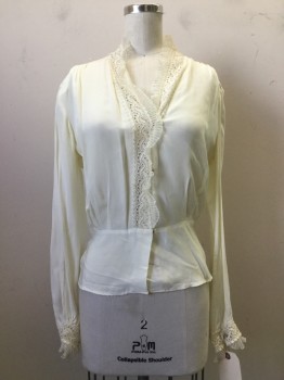 NO LABEL, Cream, Rayon, Solid, Snap Button Front, V-neck, Lace & Accordion Pleated Mesh Trim, Darted Bust,