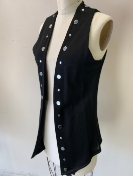 Womens, Vest, EGO, Black, Silver, Polyester, Metallic/Metal, Solid, S, Knit, Open at Center Front with No Closures, Silver Circular Metal Studs at Front Opening, Late 1960's