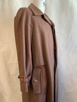 Mens, Coat, NL, Burnt Umber Brn, Brown, Wool, Houndstooth, C 42, Button Front, Collar Attached, 2 Pockets with Flap, Adjustable Leather Cuff Tabs
