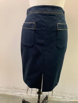 Womens, Skirt, Knee Length, Club Monaco, Navy Blue, Gold, Cotton, Rayon, Solid, 6, Stretch Fabric Front Slit , Two Patch Pockets on Front with Gold Cording, Back Zipper