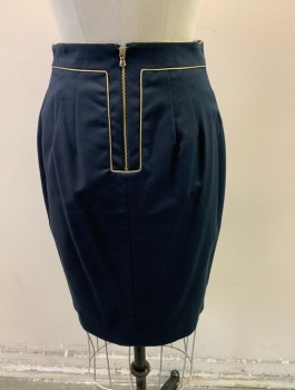 Womens, Skirt, Knee Length, Club Monaco, Navy Blue, Gold, Cotton, Rayon, Solid, 6, Stretch Fabric Front Slit , Two Patch Pockets on Front with Gold Cording, Back Zipper