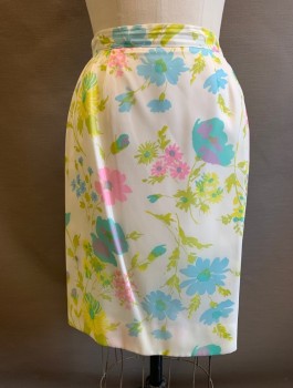 Womens, 1960s Vintage, Skirt, N/L, White, Chartreuse Green, Pink, Sky Blue, Yellow, Silk, Floral, W:26, Set: Skirt, Chiffon Over Opaque Lining, 1" Wide Waistband, Straight Fit, Knee Length, Darts at Waist, Side Zipper with 1 Button