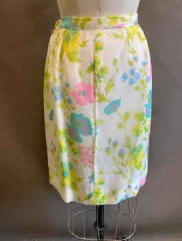 Womens, 1960s Vintage, Skirt, N/L, White, Chartreuse Green, Pink, Sky Blue, Yellow, Silk, Floral, W:26, Set: Skirt, Chiffon Over Opaque Lining, 1" Wide Waistband, Straight Fit, Knee Length, Darts at Waist, Side Zipper with 1 Button