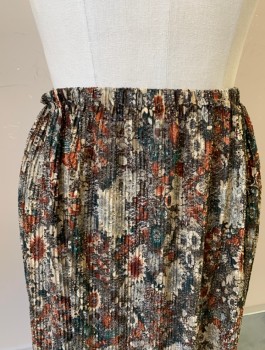 Womens, 1970s Vintage, Skirt, N/L, Brown, Beige, Rust Orange, Forest Green, Synthetic, Floral, W26-28, Sheer/Open Knit, Chemically Pleated Texture, Elastic Waist, Ankle Length