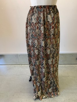 Womens, 1970s Vintage, Skirt, N/L, Brown, Beige, Rust Orange, Forest Green, Synthetic, Floral, W26-28, Sheer/Open Knit, Chemically Pleated Texture, Elastic Waist, Ankle Length
