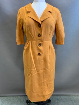 N/L MTO, Mustard Yellow, Wool, Solid, Crepe, 3/4 Sleeves, Shirtwaist with Brown Flower Shaped Buttons, Notched Collar, Straight Cut Hip, Knee Length, Lined with Caramel Satin, Made To Order