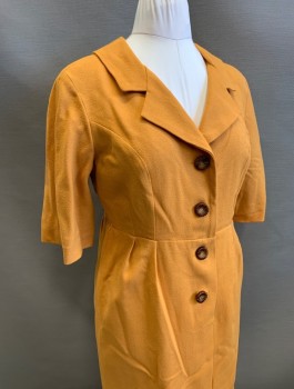 Womens, Dress, N/L MTO, Mustard Yellow, Wool, Solid, W:32, B:38, H:40, Crepe, 3/4 Sleeves, Shirtwaist with Brown Flower Shaped Buttons, Notched Collar, Straight Cut Hip, Knee Length, Lined with Caramel Satin, Made To Order