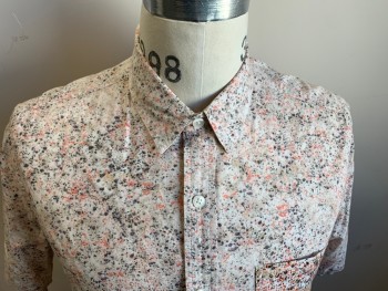 Mens, Casual Shirt, TOPMAN, Cream, Salmon Pink, Black, Khaki Brown, Cotton, Speckled, M, Short Sleeves, Button Front, Collar Attached, 1 Pocket,