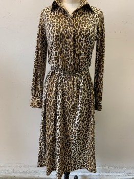 Lillie Rubin, Brown, Beige, Gold, Polyester, Animal Print, L/S,collard, Button Front ,matching belt with Silver And Gold tone Buckle