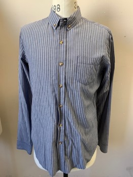 Mens, Casual Shirt, OBEY PROPOGANDA, Faded Navy, White, Cotton, Stripes - Vertical , L, Long Sleeves, Button Front, Button Down Collar, 1 Pocket,