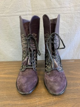 Womens, Boots 1890s-1910s, Caroline Groves, Aubergine Purple, Black, Leather, Suede, Solid, 3' Heeled Ankle Boot, With suede Toes and Patent Teardrop Insets Black  Vamp and Top stitching Around Teardrops Matching Leather Tassels Attache to Laces at Ankle