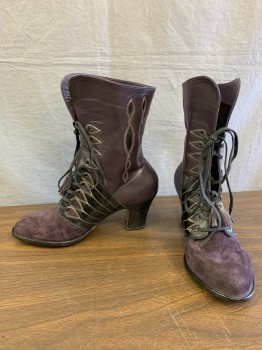 Caroline Groves, Aubergine Purple, Black, Leather, Suede, Solid, 3' Heeled Ankle Boot, With suede Toes and Patent Teardrop Insets Black  Vamp and Top stitching Around Teardrops Matching Leather Tassels Attache to Laces at Ankle