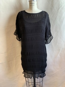 NL, Black, Polyester, Scoop Neckline, Pullover, Short Sleeves, Ruffle Sleeves, Shirred, Sheer, Attached Sleeveless Under Dress
