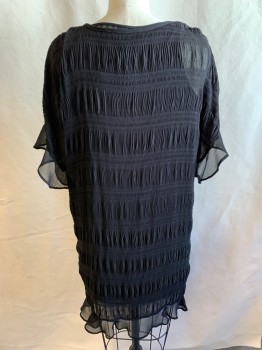 NL, Black, Polyester, Scoop Neckline, Pullover, Short Sleeves, Ruffle Sleeves, Shirred, Sheer, Attached Sleeveless Under Dress