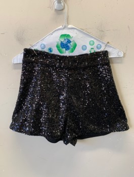 Womens, Shorts, H&M, Iridescent Black, Sequins, Polyester, Solid, Sz.2, Clubwear Hot Pants, High Waist, Elastic at Back Waist, 1" Inseam, Invisible Zipper at Side, Multiples