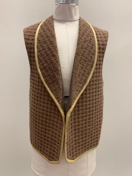 Childrens, Vest, NO LABEL, Brown, Gold, Cotton, Textured Fabric, 34, Sleeveless, Open Front, Shawl Collar, Gold Trim,
