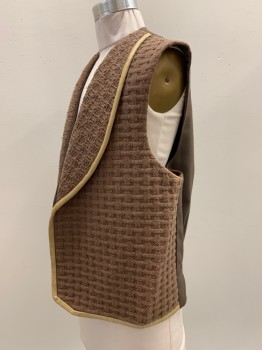 NO LABEL, Brown, Gold, Cotton, Textured Fabric, Sleeveless, Open Front, Shawl Collar, Gold Trim,