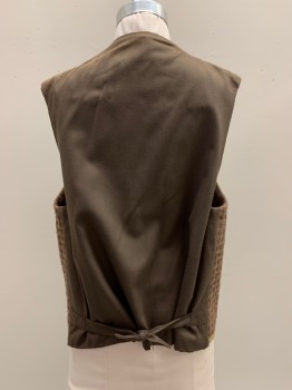 NO LABEL, Brown, Gold, Cotton, Textured Fabric, Sleeveless, Open Front, Shawl Collar, Gold Trim,