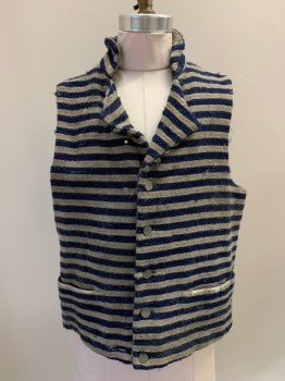 WESTERN CO., Khaki Brown, Navy Blue, Wool, Stripes, Sleeveless, V Neck, Button Front, Collar Attached, Top Pockets,