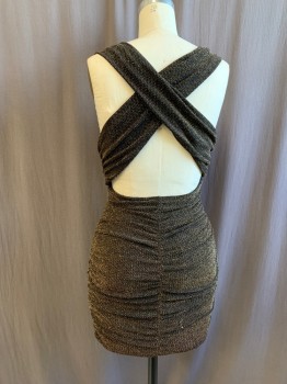 GUESS, Gold, Black, Nylon, Metallic/Metal, Zig-Zag , Crossover Draped Top, Crossover Back with Open Lower Back, Stretch, Skirt Gathered at Side Seam and Back Seam