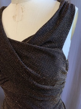 GUESS, Gold, Black, Nylon, Metallic/Metal, Zig-Zag , Crossover Draped Top, Crossover Back with Open Lower Back, Stretch, Skirt Gathered at Side Seam and Back Seam