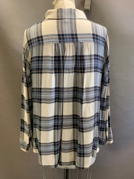 Womens, Blouse, Splendid, Cream, Steel Blue, Navy Blue, Black, Pink, Rayon, Plaid, S, L/S, Button Front, Collar Attached, Pocket Chest