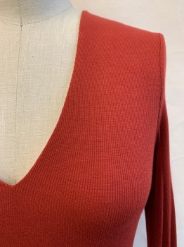 Womens, Top, INC, Brick Red, Rayon, Spandex, Solid, S, V-N, L/S,