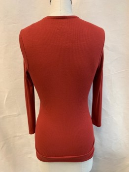 Womens, Top, INC, Brick Red, Rayon, Spandex, Solid, S, V-N, L/S,