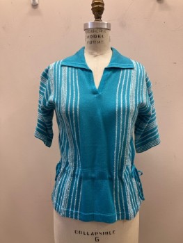 HELEN SUE, Turquoise with Vertical White Stripe, Pull On, V-N with Collar, Acrylic Knit, S/S, Drawstring At Waist with Ties At Sides