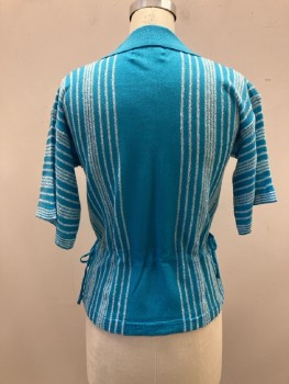 Womens, Top, HELEN SUE, B:36, L, Turquoise with Vertical White Stripe, Pull On, V-N with Collar, Acrylic Knit, S/S, Drawstring At Waist with Ties At Sides
