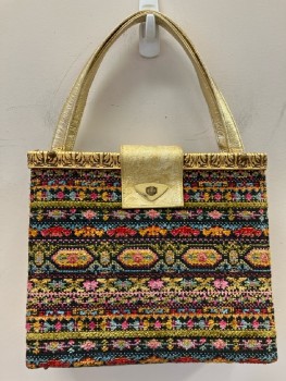 Womens, Purse, NL, Multi Color Chenille Tapestry with Gold Metallic Trim & Handles, Gold Hardware