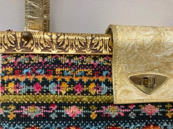 Womens, Purse, NL, Multi Color Chenille Tapestry with Gold Metallic Trim & Handles, Gold Hardware