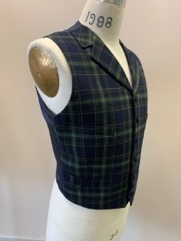 Mens, Historical Fiction Vest, MTO, Black, Dk Green, Yellow, Wool, Plaid, 38, 6 Buttons, 4 Pocket, Notched Lapel,