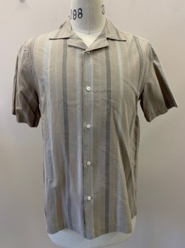 Mens, Casual Shirt, SATURDAYS, Beige, Gray, Lt Gray, Cotton, Stripes - Vertical , S, S/S, Button Front, Collar Attached,