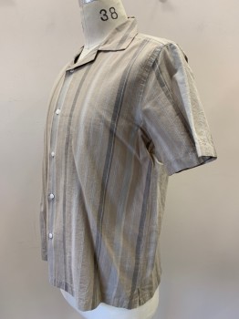 Mens, Casual Shirt, SATURDAYS, Beige, Gray, Lt Gray, Cotton, Stripes - Vertical , S, S/S, Button Front, Collar Attached,