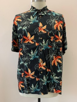 Mens, Hawaiian Shirt, RON CHERESKIN, Black, Orange, Multi-color, Rayon, Hawaiian Print, XL, C.A., B.F., S/S, 1 Patch Pckt, Dark Olive, Red Orange, And Teal Blue Palm Trees, Olive Outline Of Palm Trees